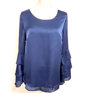 Chic Navy Women's Blouse with Ruffled Sleeves